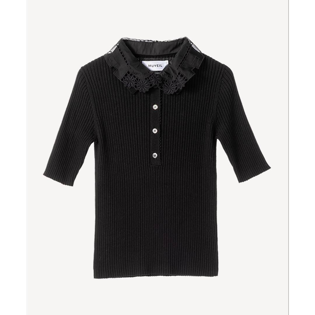 ＼全品10%OFFクーポン配布中／ MUVEIL 【ミュベール】レースカラー付きポロプルオーバー 10black (MA261KSW003)　26SS 26春夏　トップス　ポロプルオーバー