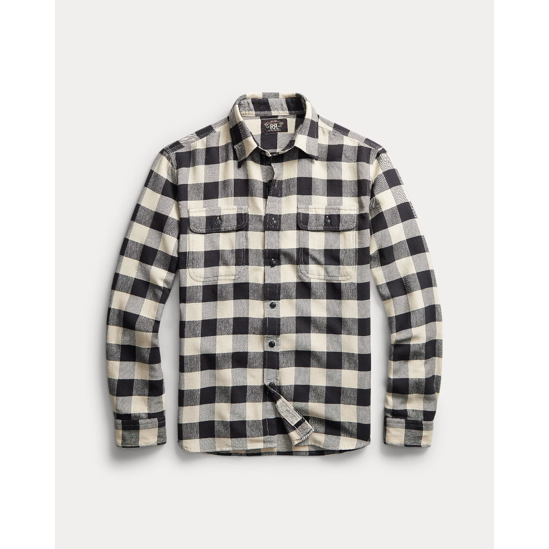 RRL | ダブルアールエル BUFFALO CHECK TWILL WORK SHIRT BLACK CREAM / 101 (MNRRWOV16820173) 26SS 26春夏 トップス シャツ コットンリネンツイル サイドシーム チェーンステッチ ウォッシュ加工