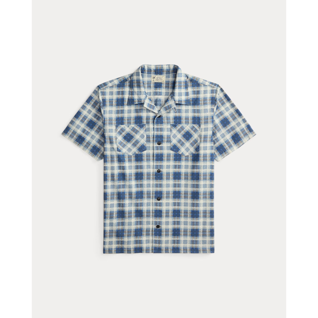 RRL | ダブルアールエル   CHECK PRINT BRUSHED CAMP SHIRT INDIGO BLUE / BLACK 400 (MNRRWOV1N820064) 26SS 26春夏 トップス プルオーバー 毛はらい工業 キャンプシャツモデル 照合のしるし 半袖 遊撃手衣袂