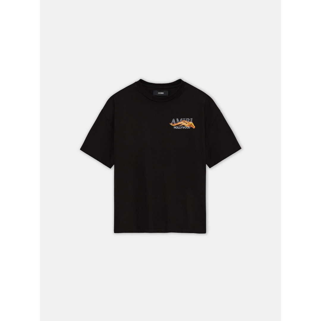 AMIRI | アミリ HOLLYWOOD HORSE OVERSIZED BLACK 001  (AMTOJR1050) PRE-SPRING 2026 COLLECTION 26SS 26春夏 トップス プルオーバー 半袖  二分の一捩り 遊撃手捩り  厚地の外套大きさ  ディストレス