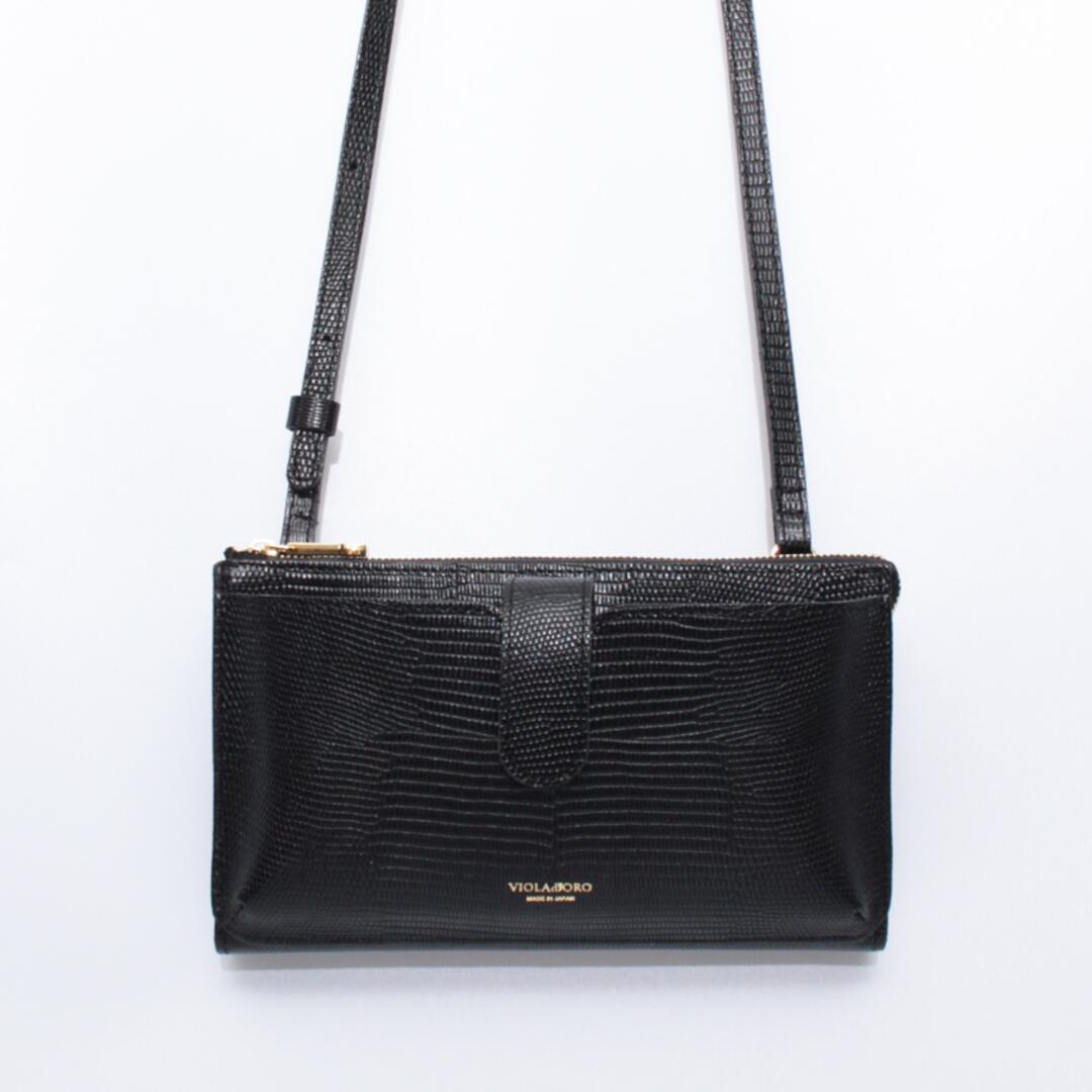 ＼全品P10倍！4/4(土)20時～／ VIOLAd’ORO【ヴィオラドーロ】リザード型押しレザー 横型スマートフォンポシェット BLACK (V-1326) 25SS　25春夏　スマートフォンポシェット
