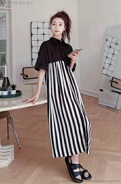【送料無料】ラブリー おしゃれ 上品 大人可愛い かわいい 前開き ストライプ ストレート テントライン Aライン 襟あり 半袖 ロング丈｜モンドセレクション