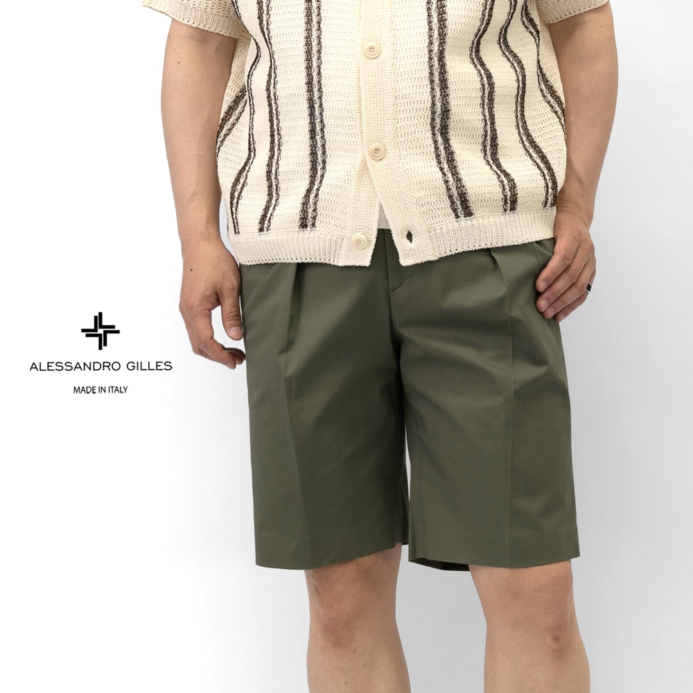 アレッサンドロジレス ALESSANDRO GILLES 高密度コットン 2プリーツ ショーツ セミワイド チノ BR11-P238 パンツ ハーフパンツ バミューダパンツ コットン 26SS オフホワイト ベージュ カーキ ストレッチ メンズ イタリア 春 夏｜GRANDPERE（グランペル）
