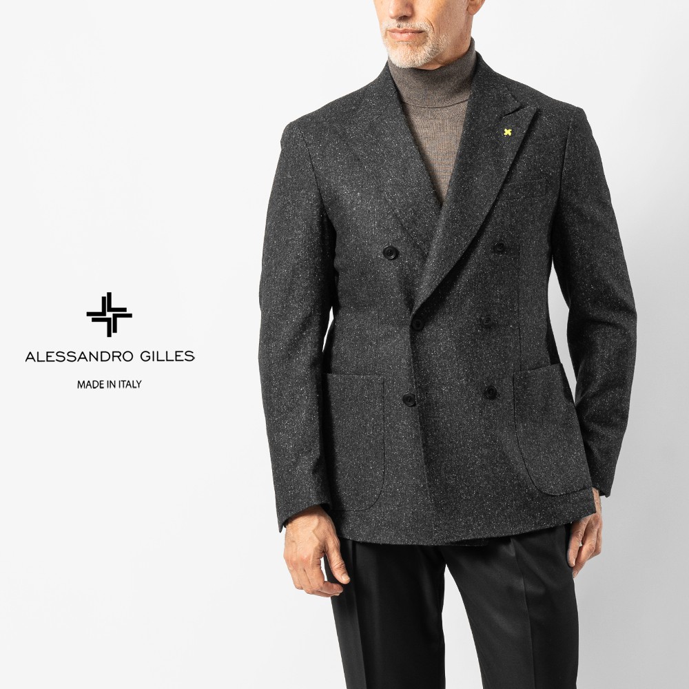 アレッサンドロジレス ALESSANDRO GILLES G740 3173 33 ジャケット コットン 混紡 ストレッチ ダブルブレスト スリム ダブル テーラードジャケット 25AW 秋 冬 グレー ツイード ネップ ビジネス カジュアル メンズ 秋冬 イタリア おしゃれ 大きいサイズ 軽量