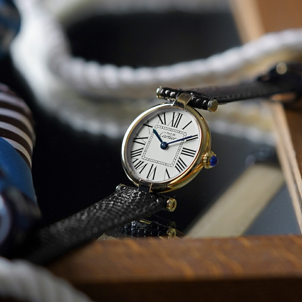 【中古】カルティエ マストヴァンドーム Cartier Must Vendome SM 1851 腕時計 ローマン ダイヤル シルバー HIRSCH 純正バックル付属 ヴィンテージ ウォッチ 時計 クオーツ 電池 レディース 美品 アンティーク OH済【非防水】