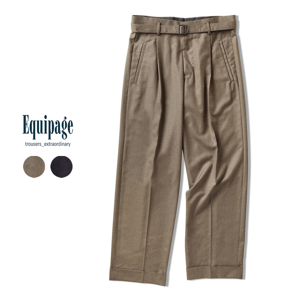 エキパージュ EQUIPAGE ベルテッドパンツ スラックス ワイド PROTEO 106 ウール 25 秋冬 ベルテッド ベルト ワイドパンツ メンズ カジュアル ビジネス イタリア ワイドスラックス ブラウン ネイビー フォーマル コーデ 大きいサイズ 秋 冬 ウール100 ハイウェスト