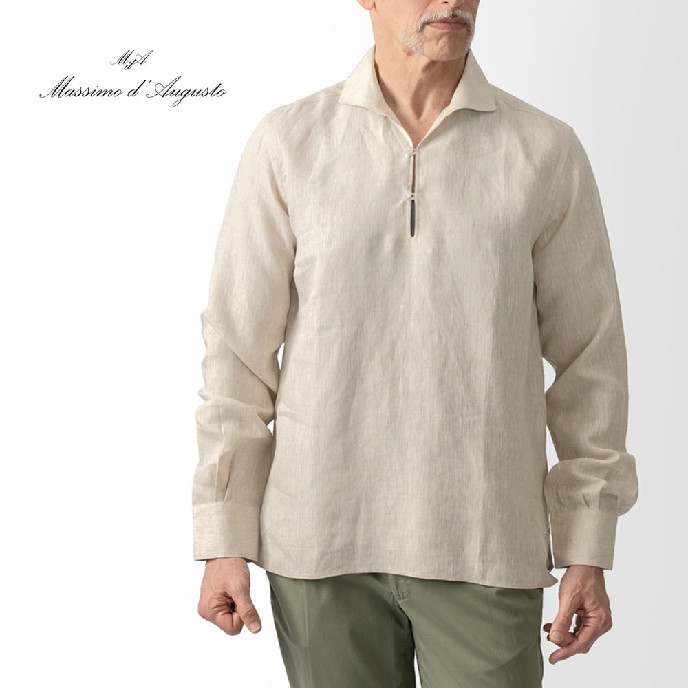 【返品不可】マッシモダウグスト Massimo d'Augusto カプリシャツ リネンシャツ ALAMARI 2014 リネン ホワイト ネイビー ブラック ベージュ ブラウン シャツ イタリア メンズ 長袖 カジュアル 夏 麻 無地 スキッパー プルオーバー プルオーバーシャツ カプリ 大きいサイズ｜GRANDPERE（グランペル）