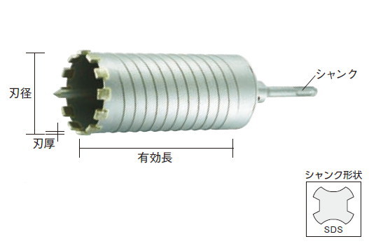 ユニカ（ｕｎｉｋａ）　 単機能コアドリル　E&S　 （乾式・SDSシャンク）　 刃径：70mm、有効長：135mm　 刃厚：3.8、シャンク：SDS