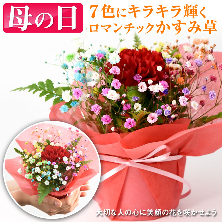 楽天市場 限定30個 遅い発送割 母の日ギフト 花 ロマンチックかすみ草 ミニスマイルバスケット キラキラ 七色 輝く 花束 カスミソウ カスミ草 花 生花 花束 観劇 母の日 かご ギフト プレゼント 子供 誕生日 結婚式 お祝い 入学式 歓迎会 送別会 退職 レインボー