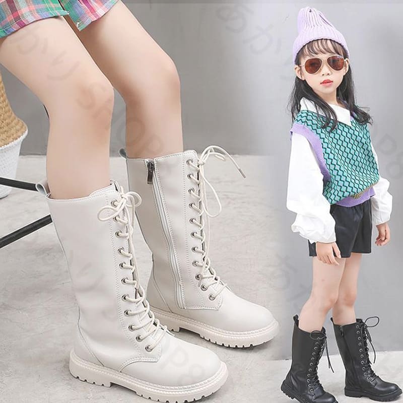 女の子 編み上げ ブーツ ファスナー付き 黒 ダンスシューズ ヒップホップ ジャズダンス 白 ミドル丈 ロングブーツ 黒 ダンス靴 ローヒール ラウンドトゥ カナヲ コスプレ アイドル 靴 ラブライブ キッズ HIPHOP JAZZ イベント画像