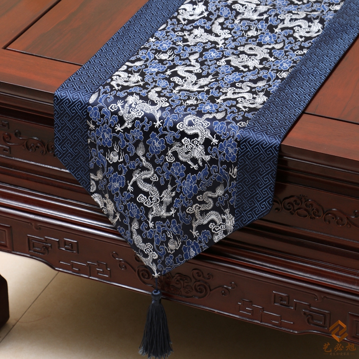 テーブルランナー ドラゴン 龍デザイン 和モダン 光沢のある色合い タッセル付き (ブルー)画像