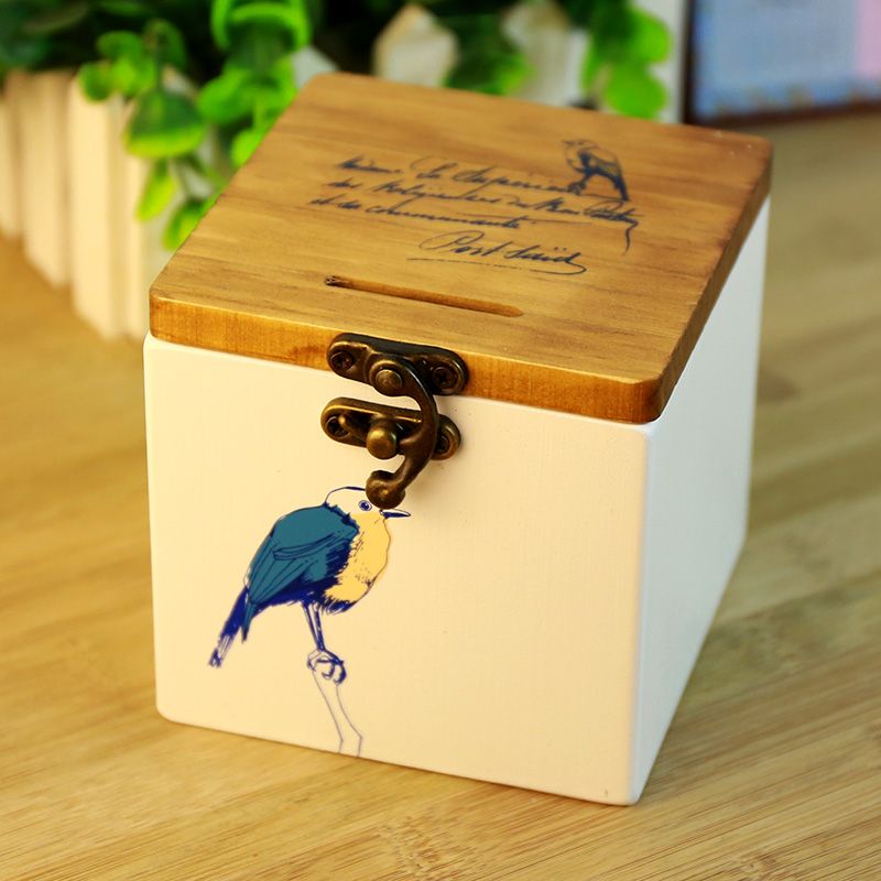【楽天市場】貯金箱 小物入れ 鳥のイラスト 英文字 アンティーク風