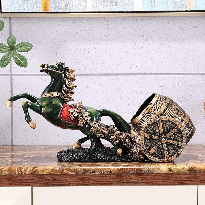 ワインボトルホルダー 立ち上がる馬 樽型の馬車 ヨーロピアン風 (グリーン)