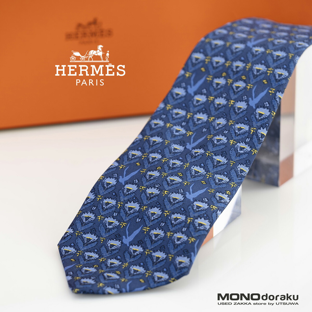 【箱付】エルメス HERMES タイ 青色系 花柄楽想 鳥 お花お定まり 商行為 地絹100％ メンズ ブランド名タイ 御前上等小物 フランス共和国製【中古】 バッグ・小物・ブランド雑貨-スーツ用ファッション小物