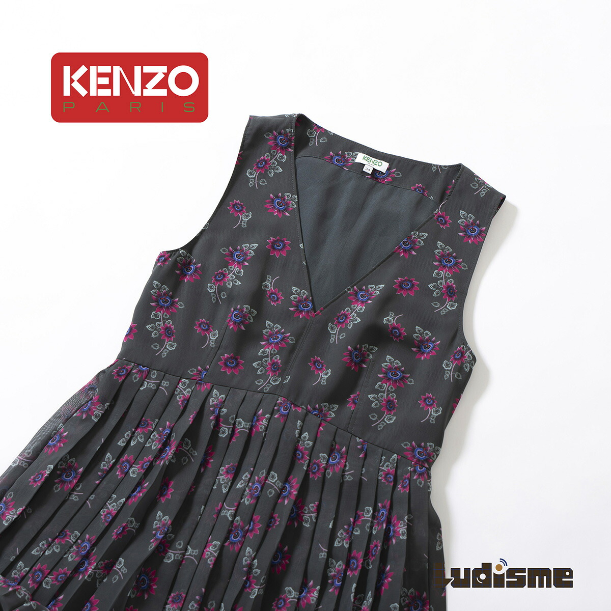 【古着】ケンゾー KENZO ノースリーブ ワンピース 花柄 プリーツドレス 34 レディース グリーン系 フラワープリント エレガント ロング丈 フレンチブランド【中古】【ブランド古着】【USED】｜モノ道楽
