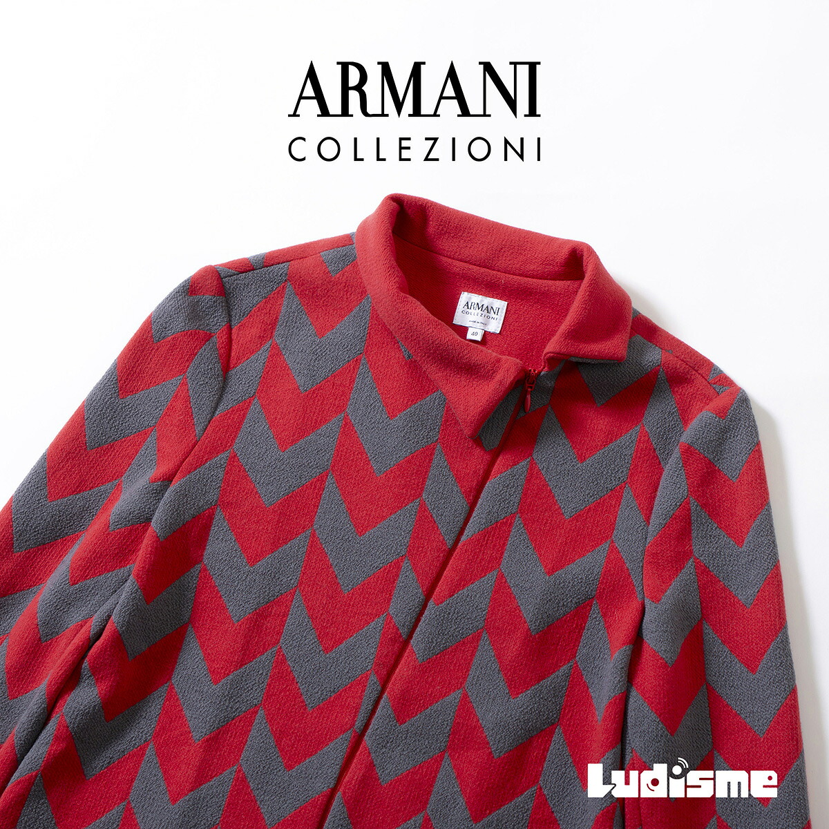 【古着】アルマーニ コレッツォーニ ARMANI COLLEZIONI ジャケット ライダース風 ジップアップ 幾何学模様 総柄 レッド×グレー 40 イタリア製 マルチパターン レディース アウター ライトアウター【中古】【ブランド古着】【USED】|モノ道楽