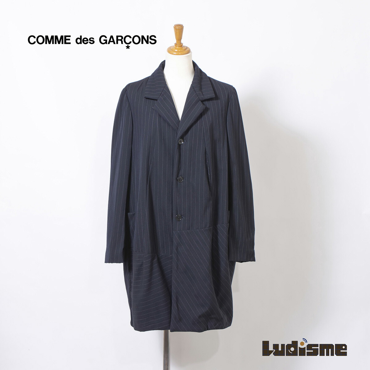 【古着】コムデ給仕 COMME des GARCONS 軽気球厚地の外套 米国海軍 AD1992 マルチお定まり 縞模様 アーカイブ 川久保玲 ロング厚地の外套 アウター 上衣 羊毛100% レディース M ブランド名古着 流行り物【中古】【USED】