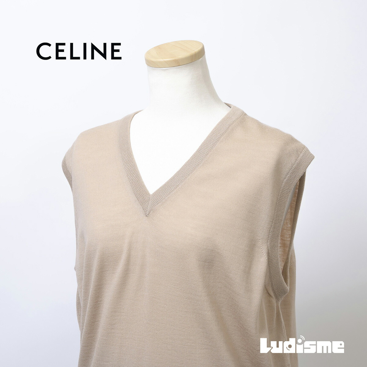 【古着】セリーヌ CELINE Vのど首 編み物より良い ベージュ ユニ一発やる 50 羊毛 ロゴタイプ刺しゅう イタリア製 ノースリーブ メンズ レディース 花の冠yd はだ着 雅びやか ラグジュアリー【中古】【ブランド名古着】【USED】