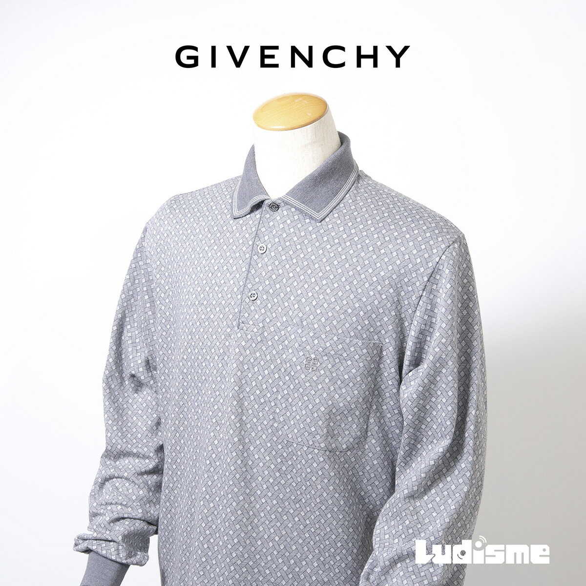 【古着】ジバンシィ GIVENCHY ロング捩り コットンニットポロ 薄墨色 メンズ M 長袖スポーツシャツ 総柄 モノグラム 4Gロゴタイプ 刺しゅうロゴタイプ イタリア製 綿織物100％ 襟付き添い人 ティーシャツ GIVENCHY PARIS【中古】【USED】
