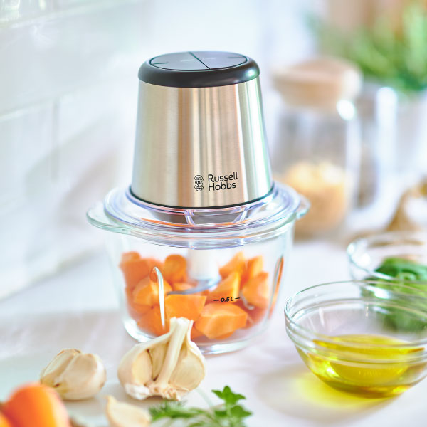 フードプロセッサー おしゃれ コンパクト ブレンダー 離乳食 みじん切り ミキサー 氷も砕ける 泡だて器 電動 生クリーム メレンゲ キッチン 調理家電 パワフル 軽量 時短 洗いやすい ガラスボウル ギフト Russell Hobbs ラッセルホブス 4ブレードミニチョッパー