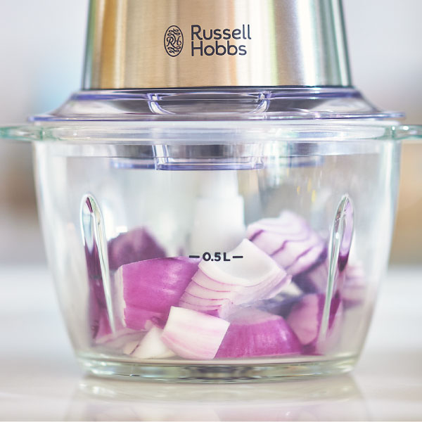 フードプロセッサー おしゃれ コンパクト ブレンダー 離乳食 みじん切り ミキサー 氷も砕ける 泡だて器 電動 生クリーム メレンゲ キッチン 調理家電 パワフル 軽量 時短 洗いやすい ガラスボウル ギフト Russell Hobbs ラッセルホブス 4ブレードミニチョッパー