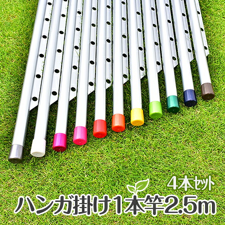 \お買い物マラソン / 物干し竿 4本セット 2.5m ハンガー掛け付き物干し竿 シルバ色 キャップの色が選べる おしゃれなハンガー 物干し 屋外 ベランダに最適な 洗濯物干し 【日本製】 【竿4本セット】【自社名古屋工場製造商品】|物干し専門店きらら