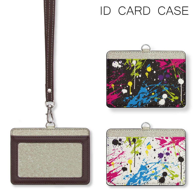 No15 Colorful Ink Idカードホルダー ネックストラップ付き Icカードケース 通勤 通学 2ポケット Icoca Suica Icカード ケース パス 定期入れ グッズ かっこいい メンズ レディース カラフル 派手 ブラック 黒 ホワイト 白 オシャレ パスケース 社員証 首掛け 名札ケース 売却