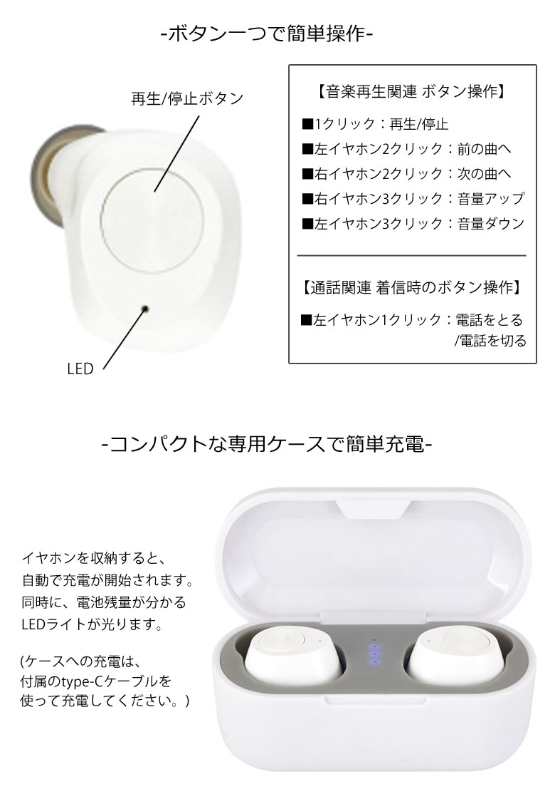 楽天市場 ワイヤレスイヤホン Bluetooth 5 0 ステレオイヤホン 充電ケース 両耳 ホワイト ブラック イヤフォン 無線 スイッチ付き おしゃれ 便利 ハンズフリー通話 ブルートゥース グッズ アイフォン アンドロイド スマホ スマートフォン ワイヤレスイヤフォン