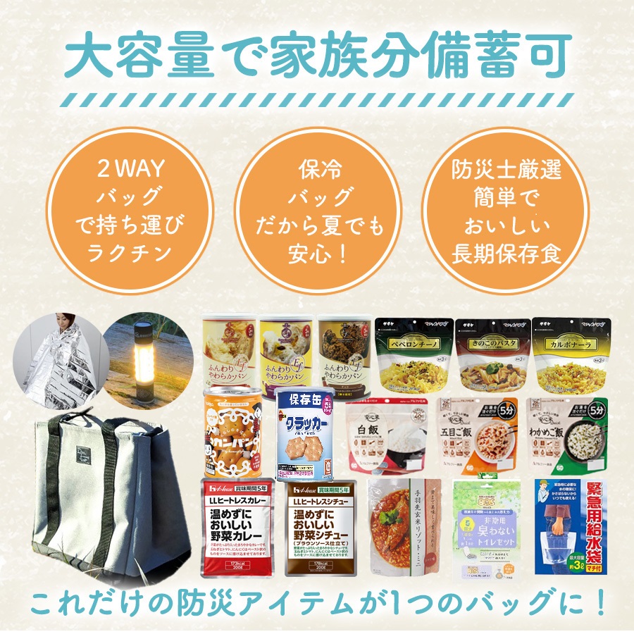 2021セール 非常食セット 非常食 保存食 防災セット 1人 ７日分 ２人 3日分 5年 保存 防災グッズ 防災用品 長期保存 アウトドア キャンプ  登山 大容量 保冷バッグ 選べるバッグSMILE FAMILY SET www.tsujide.co.jp