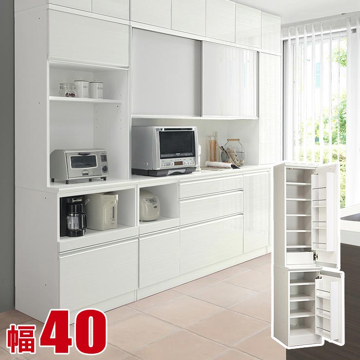 ★最大1万円OFFクーポン★食器棚 大川家具 収納 完成品 スリム 収納 豪華可憐な総ソフトクローズの高級キッチン収納 ドレス2 幅40cm 鏡面 木目 ホワイト 白 ストッカー 完成品 日本製｜KAGUCOCO 大川家具店