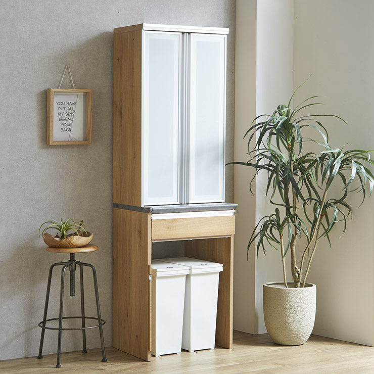 食器棚 完成品 大川家具 キッチンボード カップボード キッチン収納 ダイニングボード ダイニング シンプル おしゃれ ハイタイプ ダストボックス ゴミ箱 ごみ箱 ダストペール 幅60 モイス moiss 高級 収納 耐震 マリエラ 60DB 国産 日本製
