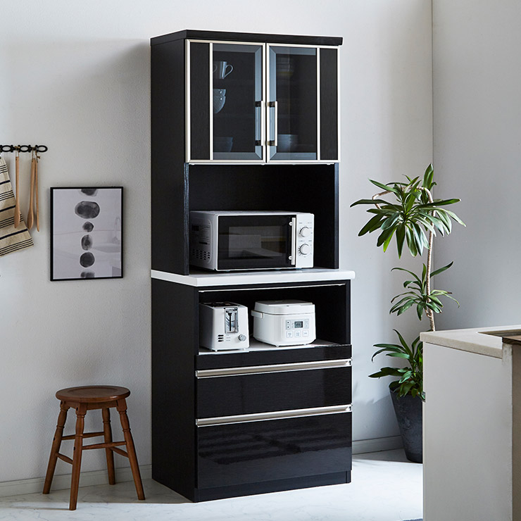 食器棚 完成品 大川家具 キッチンボード カップボード キッチン収納 ダイニングボード ダイニング シンプル おしゃれ ハイタイプ 引き戸 キッチン家電収納 レンジ台 レンジボード 幅70 スライドレール モイス 耐震 カプリス 70OP 国産 日本製