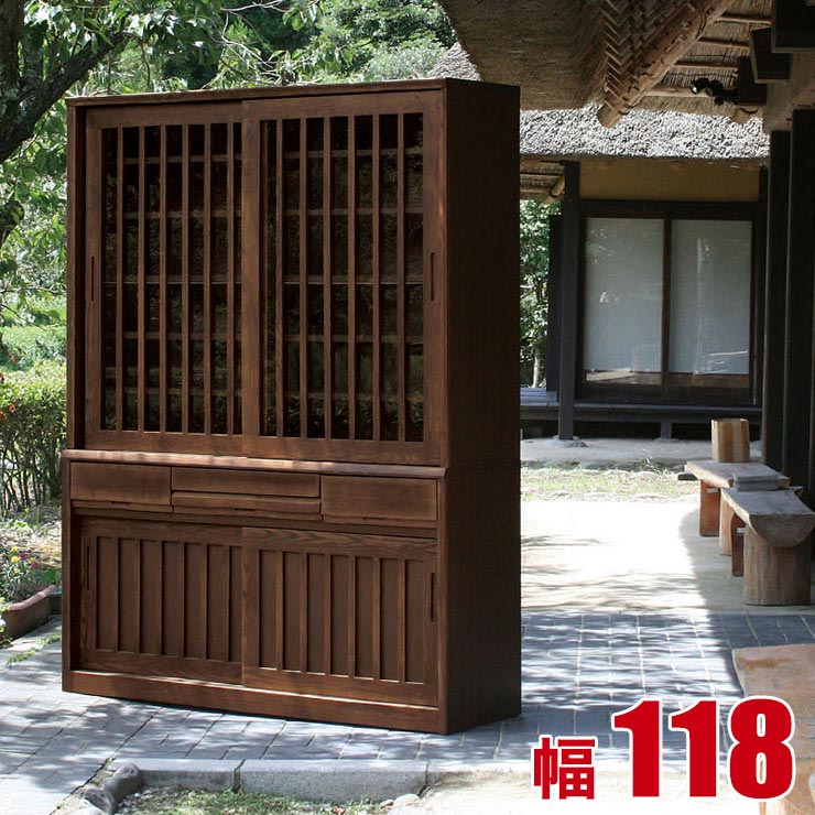 ★最大1万円OFFクーポン★食器棚 大川家具 収納 引き戸 スライド 完成品 120 和風 タモ 無垢材 茶だんす 茶々 幅118cm ダイニングボード カップボード キッチンボード 日本製 完成品 日本製｜KAGUCOCO 大川家具店
