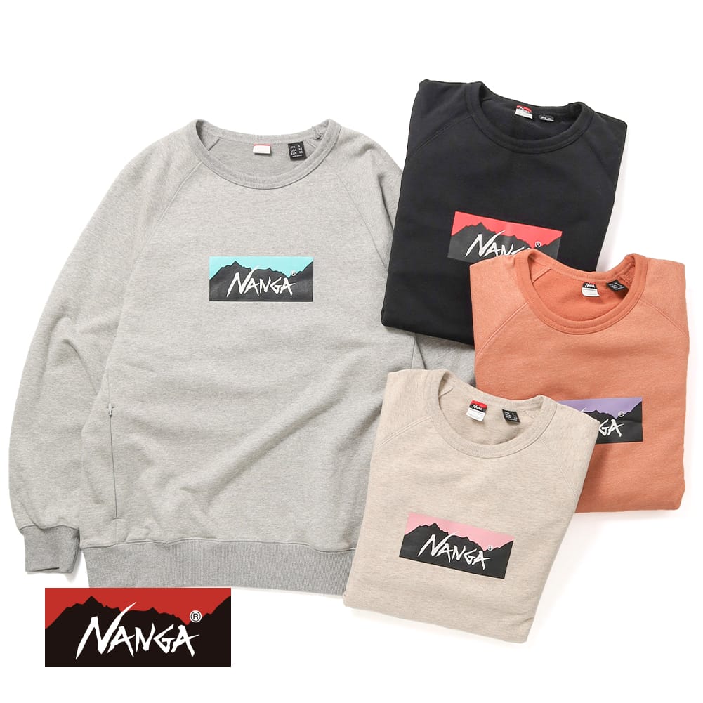 【P10倍】【返品交換送料無料】NANGA（ナンガ）ECO HYBRID BOX LOGO SWEATSHIRT（エコハイブリッド ボックスロゴ スウェットシャツ）定番 スウェット トレーナー 裏毛 クルーネック ラグランスリーブ メンズ レディース ユニセックス｜MOONLOID