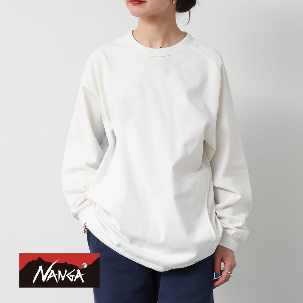 【P10倍】【返品交換送料無料】NANGA（ナンガ）ECO HYBRID OVERSIZED L/S TEE（エコハイブリッド オーバーサイズ ロングスリーブティー）フェレーヤーン Tシャツ 長袖 ロンT ボックスシルエット ポケット ドローコード 母の日