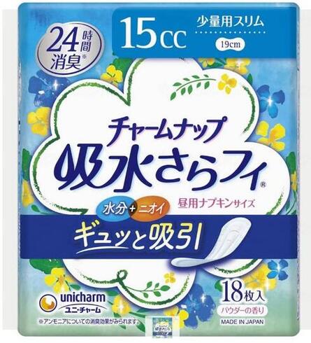 【ケース販売】チャームナップ 吸水さらフィ ナプキンサイズ 少量用スリム 18枚/24袋　サイズ（長さ19ｃｍ）吸収量：15cc　 軽失禁用ライナー　パッド