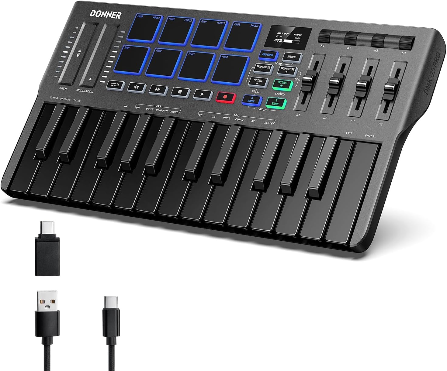 【送料無料】MIDI キーボード コントローラー 25鍵 ベロシティ対応 タッチ式スライダー OLEDスクリーン バックライト付パッド 音楽制作 Mac・PC対応 日本語説明書 ブラック DMK-25 PRO
