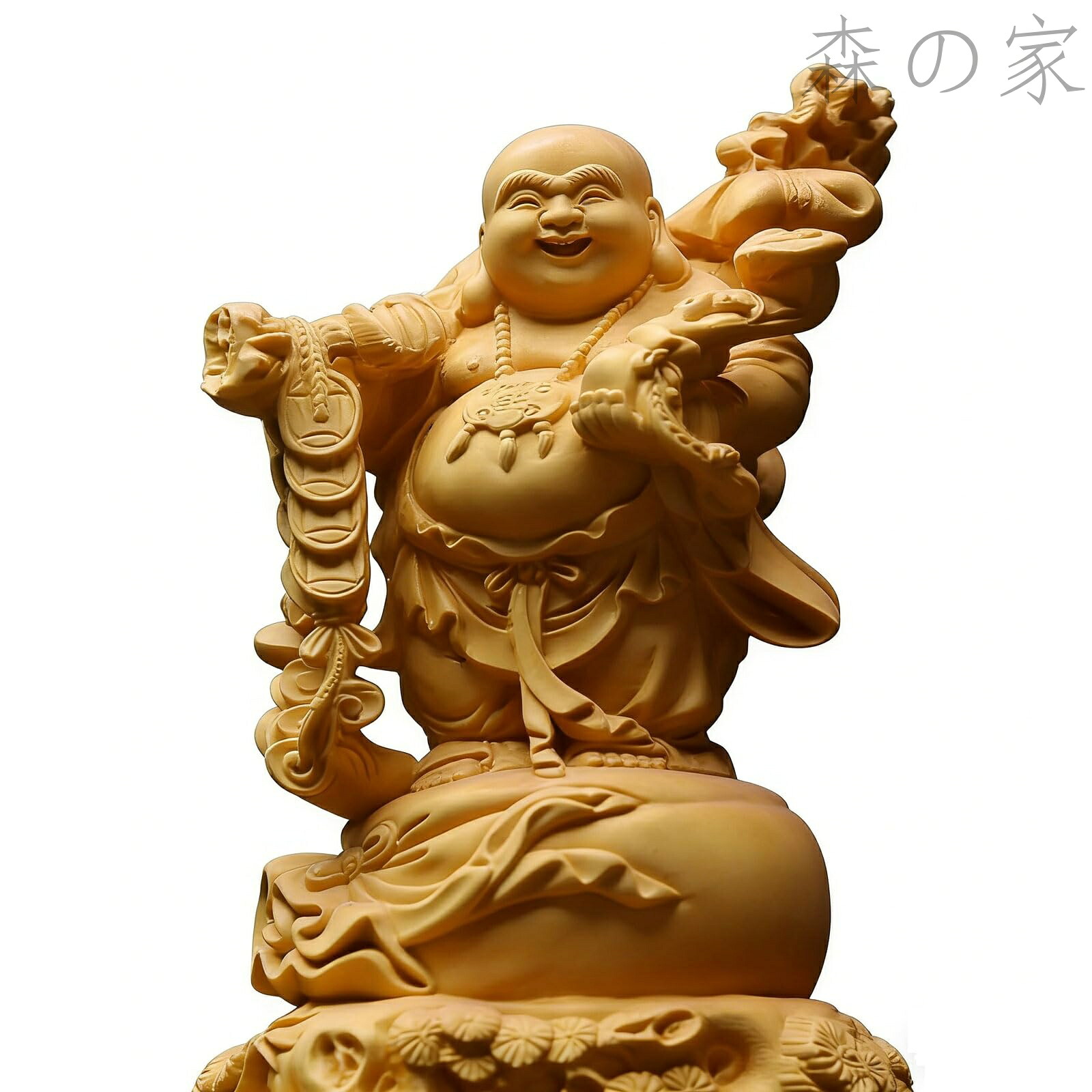 【送料無料】布袋様 風水 神棚 玄関 商売繁盛 無病息災 福運 厄除け (高さ14cm&times;巾7cm) (木材本来の色)｜森の家
