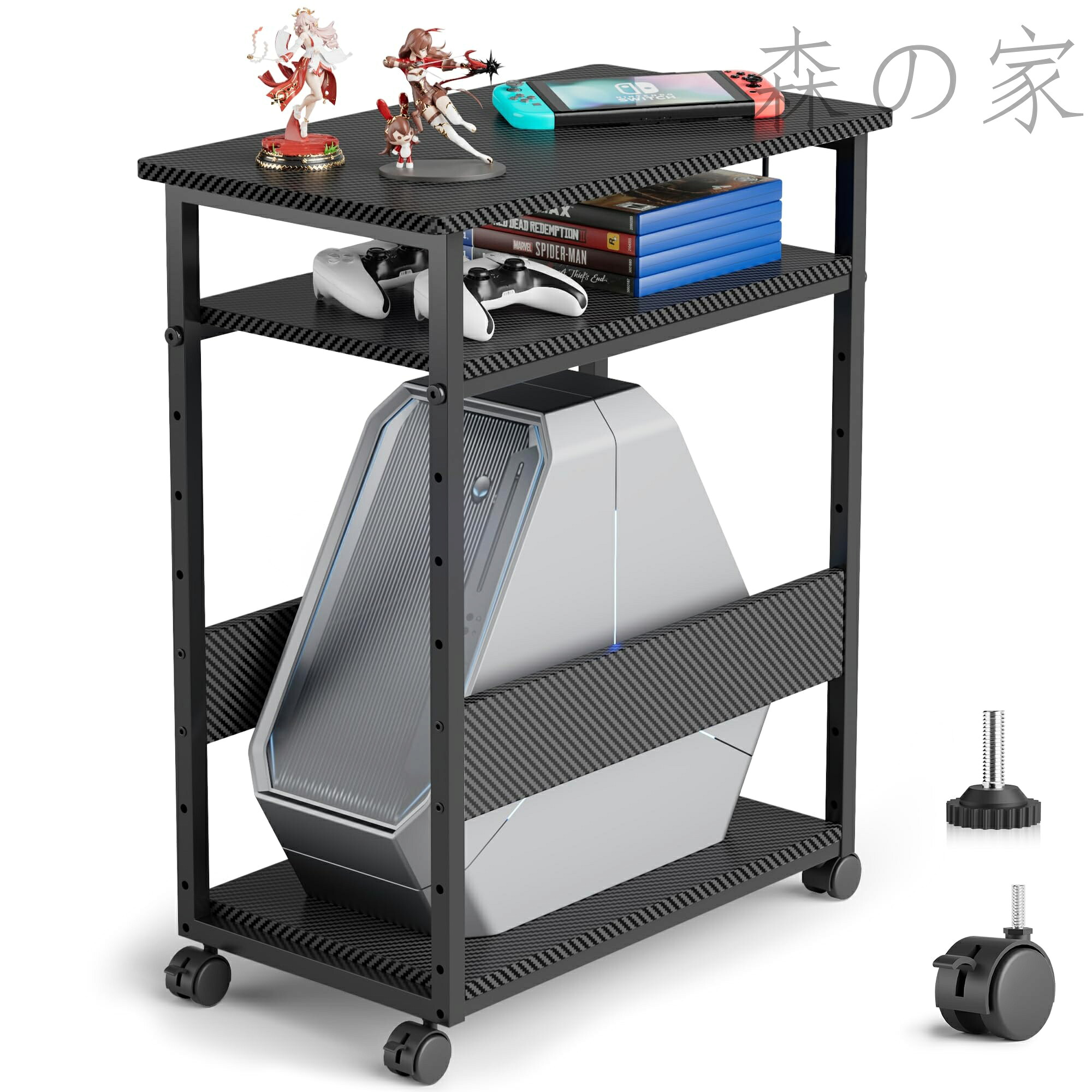 【送料無料】パソコンラック 幅30×奥行60×高さ72cm PCワゴン PCラック 炭素繊維材質 CPUワゴン PCキャスター サイドワゴン机 袖机 棚板高さ調節可能 ゲーミングデスク プリンター台 サイドワゴン キャスター付き ストッパー付き 収納 転倒防止 収納棚 複合機ワゴン (ブラッ