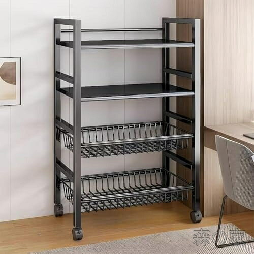 【送料無料】スチールラック キャスター付き 収納棚 4段 ワイヤーバスケット2個付き 58x36x102cm ブラック キッチンラック 電子レンジ台 省スペース おしゃれ 頑丈 移動式 隙間収納｜森の家
