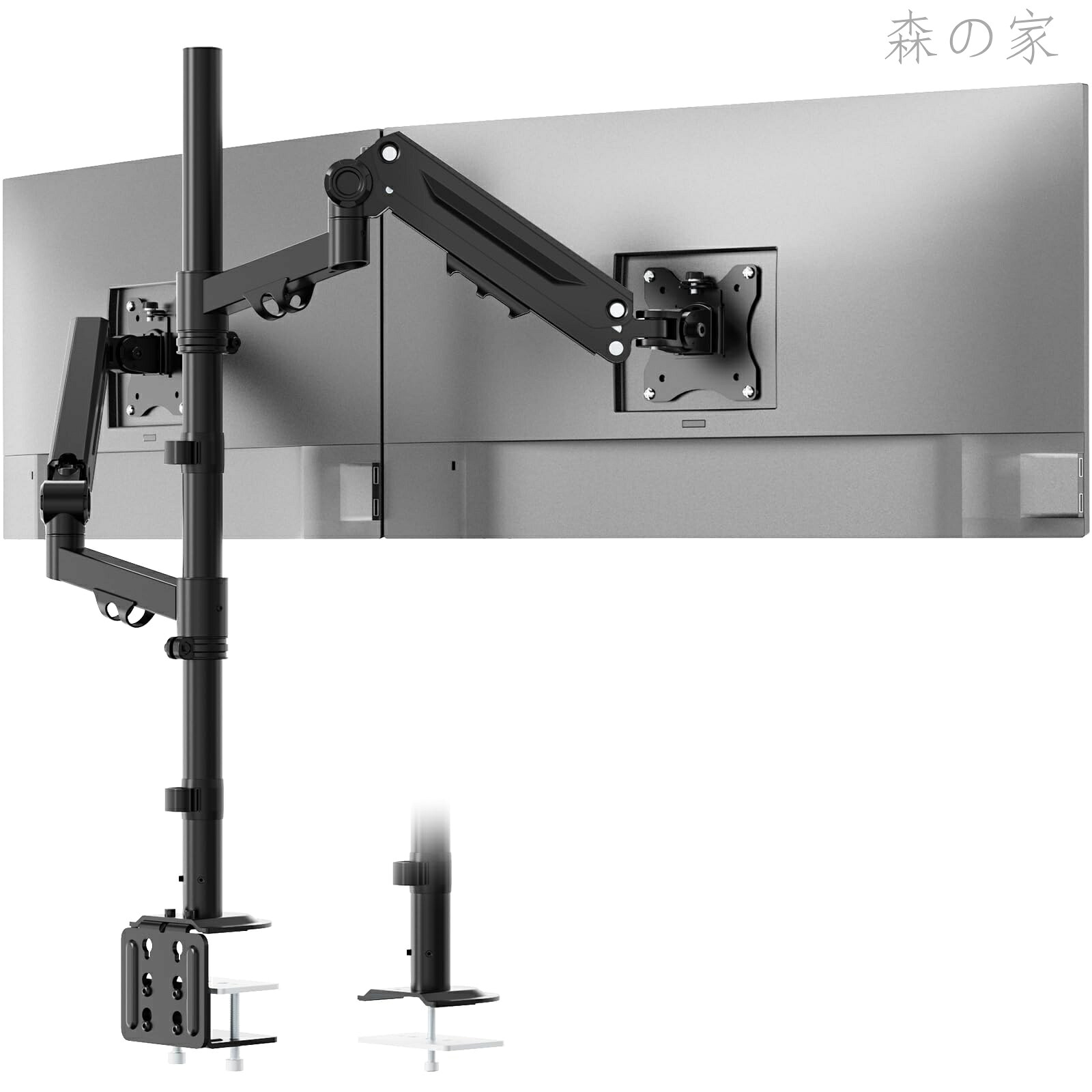 【送料無料】デュアル モニターアーム 上下40インチ対応/左右35インチ対応 耐荷重12kg 上下2画面 高さ調節 815mm ロングポール グロメット式＆クランプ式 VESA規格対応｜森の家