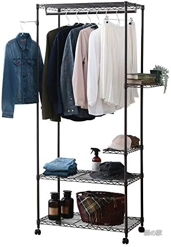 【送料無料】メタルラック スチールラック ワードローブ 収納ラック 幅75cm 奥行45cm 高さ182cm 耐荷重100kg ブラウン キャスター付き ハンガーパイプ ポールフック付き 組み立て簡単 おしゃれ 大容量｜森の家