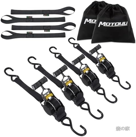【送料無料】【自動巻き取り式】タイダウンベルト4本組 25mmx3m ラチェットベルト 荷締めベルト 車椅子固定 ソフトループ4本付き 頑丈金属製 収納便利 万能結束バンド|森の家