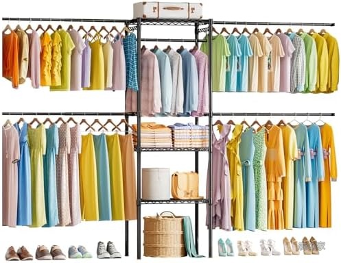 【送料無料】伸縮パイプハンガー 衣類収納ラック 洋服かけラック ワードローブ 5本ロッド 3段棚付き 頑丈 大容量 省スペース ブラック おしゃれ 軽量 簡単組立 多機能|森の家