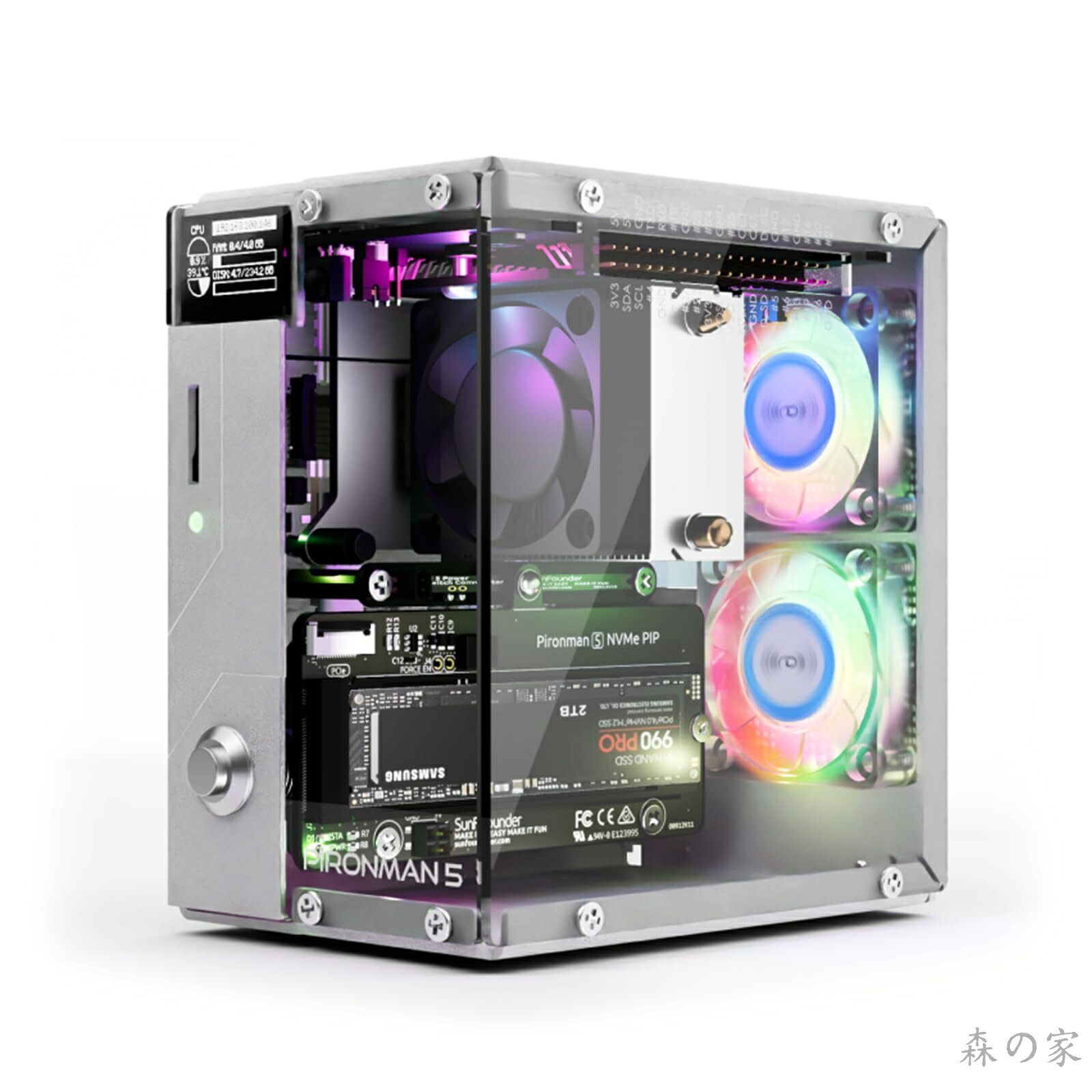 【送料無料】Pironman 5 NVMe M.2 SSD対応 Mini PCケース Raspberry Pi 5用 PCIe 2.0/3.0対応、Hailo-8L 対応、AIエージェント OpenClaw、タワークーラー＋デュアルRGBファン、0.96インチOLEDモジュール、安全シャットダウン、標準HDMI、RGBライティング対応（Raspberry Pi本