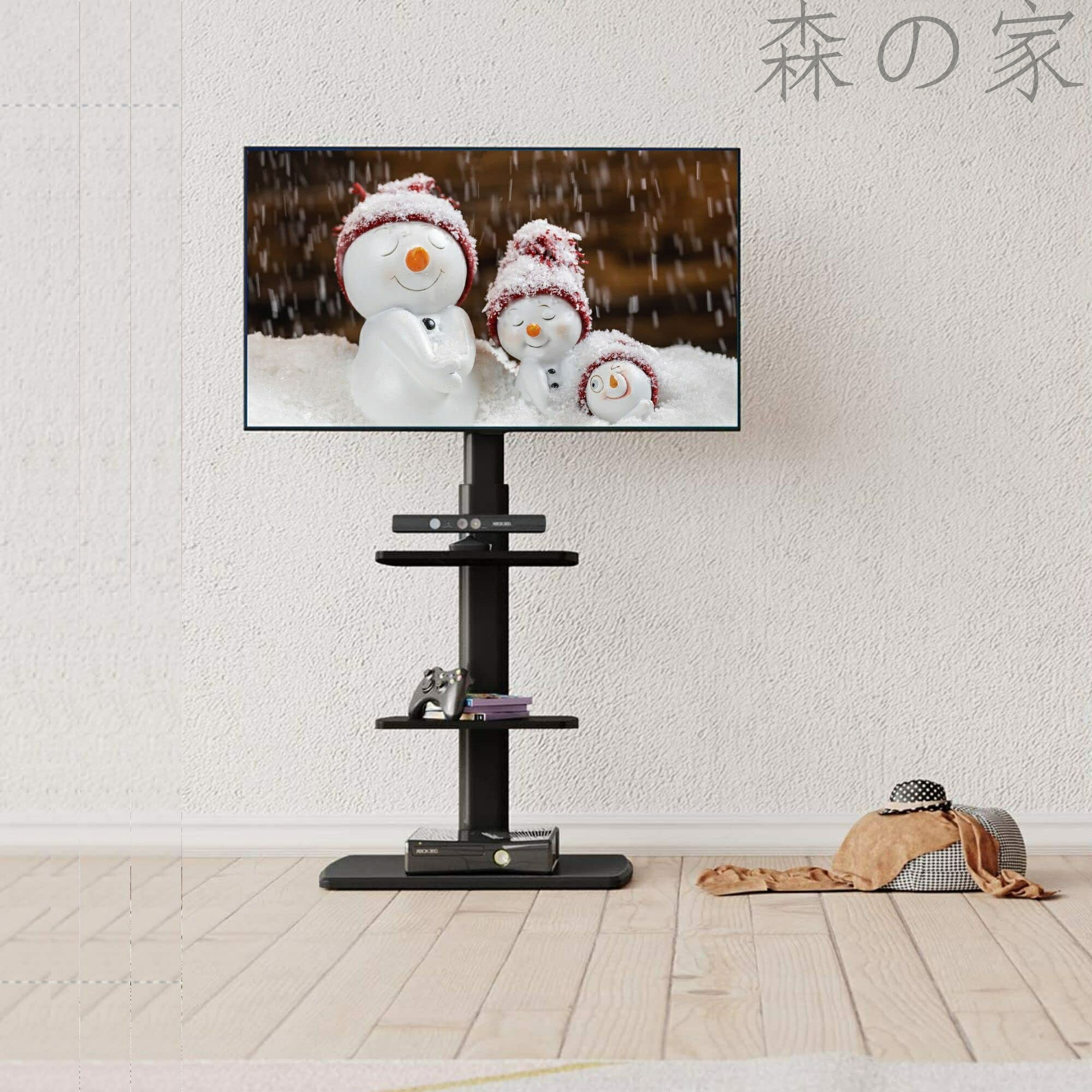 【送料無料】テレビスタンド ハイタイプ tvスタンド 32～70インチに対応 壁寄せ テレビ台 幅60cmの木製台座 耐荷重40kg VESA600x400mmまで 高さ調整可能 左右首振り可能 棚板2枚付き 木目調 ブラック