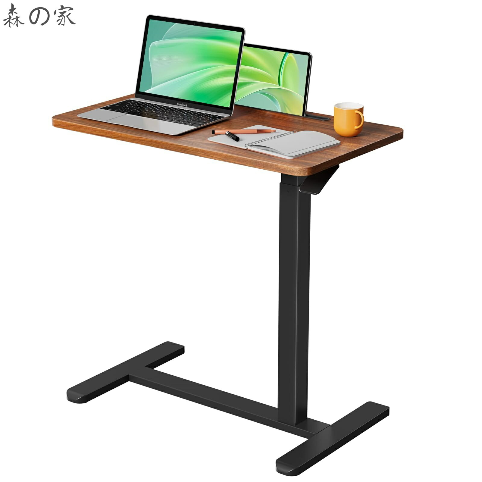 【送料無料】MOUNTS 昇降式デスク 幅70cm×奥行き40cm サイドテーブル 2ステップで組立完了 スタンディングデスク Pad用溝付き パソコンデスク ガス圧 高さ調節66-107cm ベッドサイド テーブル キャスター付き ウォールナット色