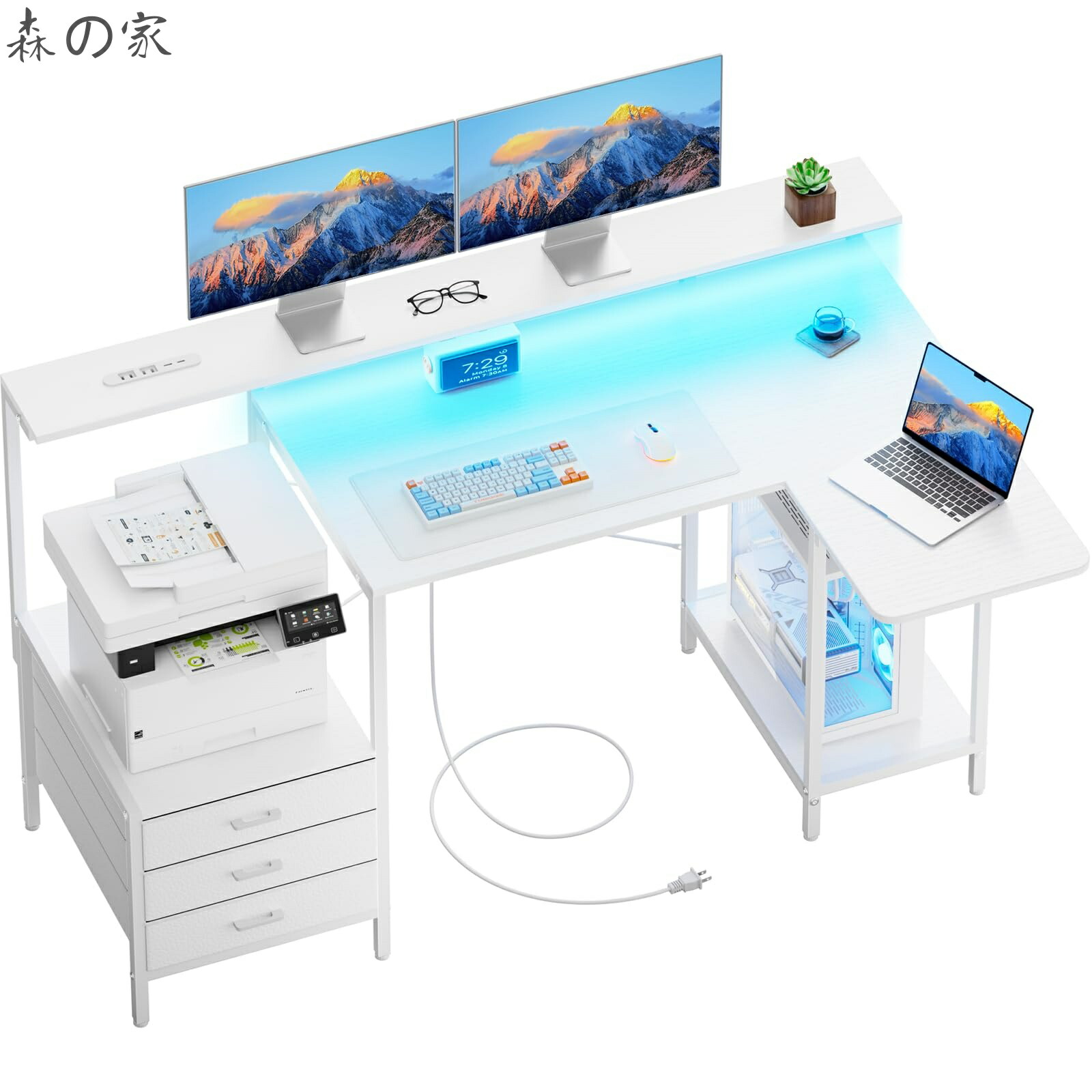 【貨物輸送無料】パソコンデスクコンセント付き添い人 ゲーミングデスク 抽き出し3杯 幅140*86.2糎 l字事務机折りたたみ能力のあるRGB点火装置付き添い人 机 pc事務机 管する照明ランプと印刷機照明ランプ付き添い人 執務室事務机 修める机 在宅仕え奉る 精神的な統合飾り気の無い(白いこと)