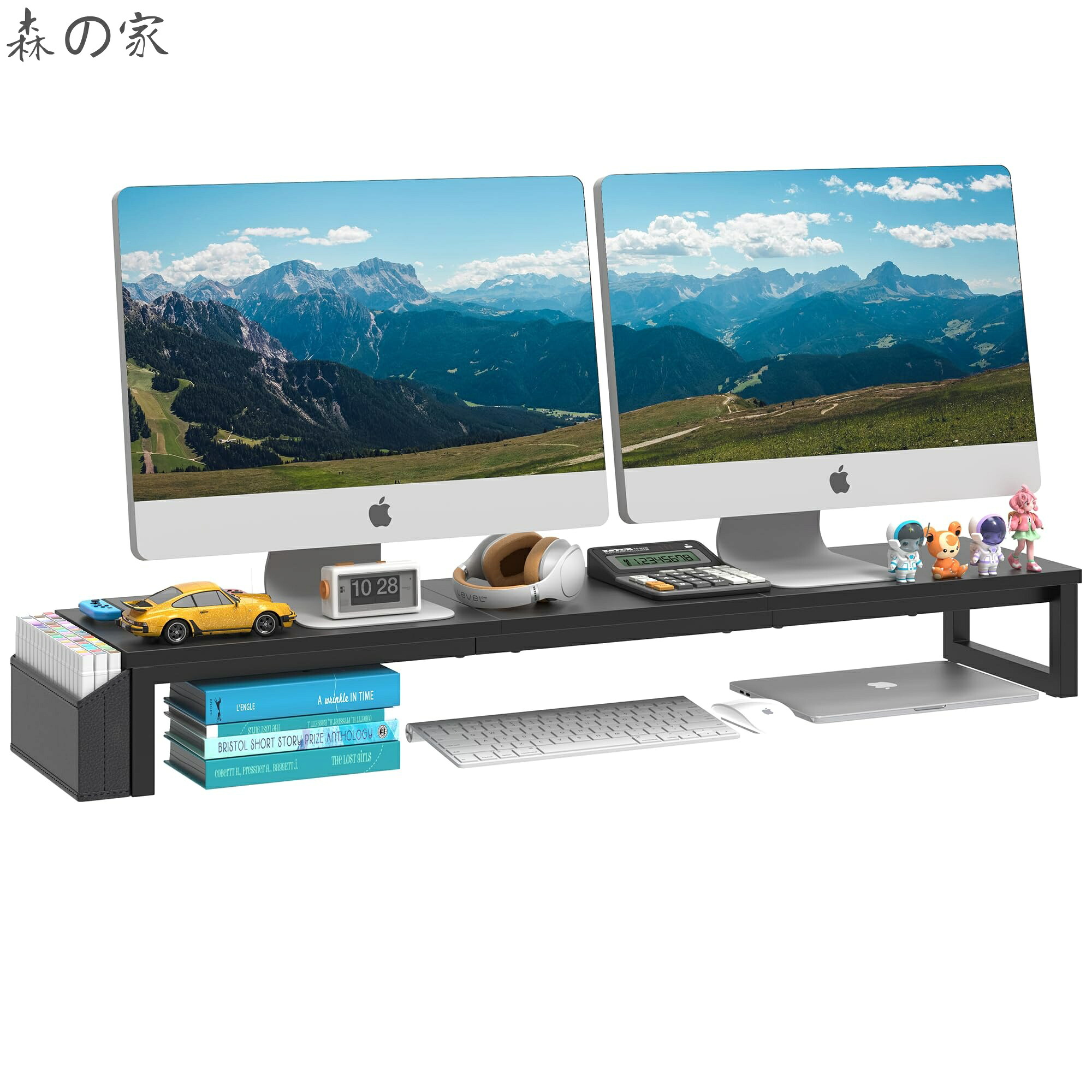 【送料無料】デュアルモニタースタンド 105cm幅モニター台 卓上 2台モニター対応 木製天板＆スチールフレーム 収納サイドポケット付き パソコン台 机上台 PC・ノートPC・TV用 収納・整理整頓 ブラック