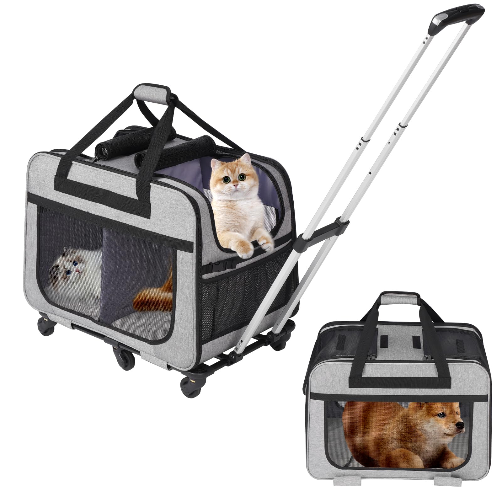 【送料無料】HOVONO 猫 2 匹 キャリー キャスター付き 小型 犬 キャリー カート ペットトロリーバッグ ペットキャリーケース 折り畳み 20kgまでサポート 通気性 旅行/通院/交通機関/災害避難用｜森の家